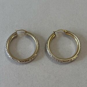 THAI FAS 925 Sterling Silver Etched Diamond Cut Chunky Medium Tube Hoop Earrings